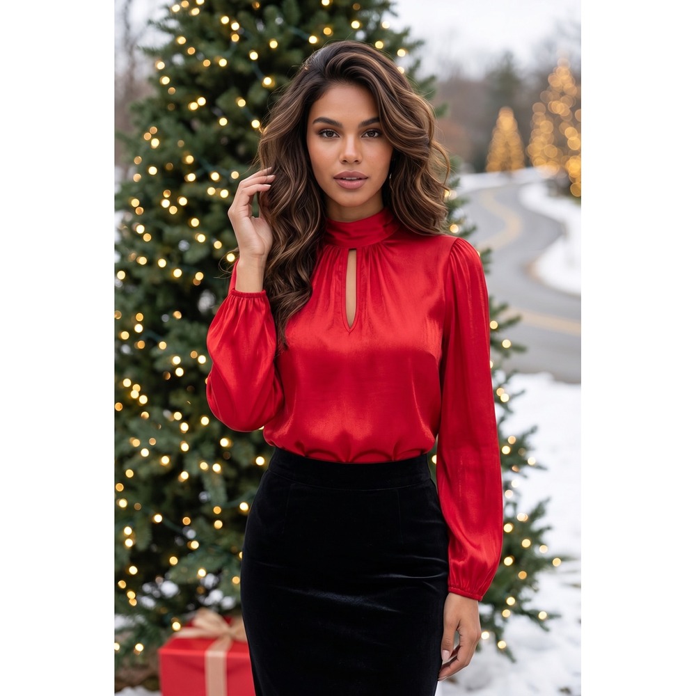 Nine West Red Satin Mock Neck‎ Keyhole Blouse Long Sleeve Holiday Top Womens XXL